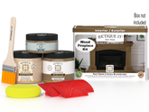 Retique It® Fireplace Wood'n Finish Kit in Modern Walnut, stain set for full fireplace, shown with wooden tools and sample wood finish.