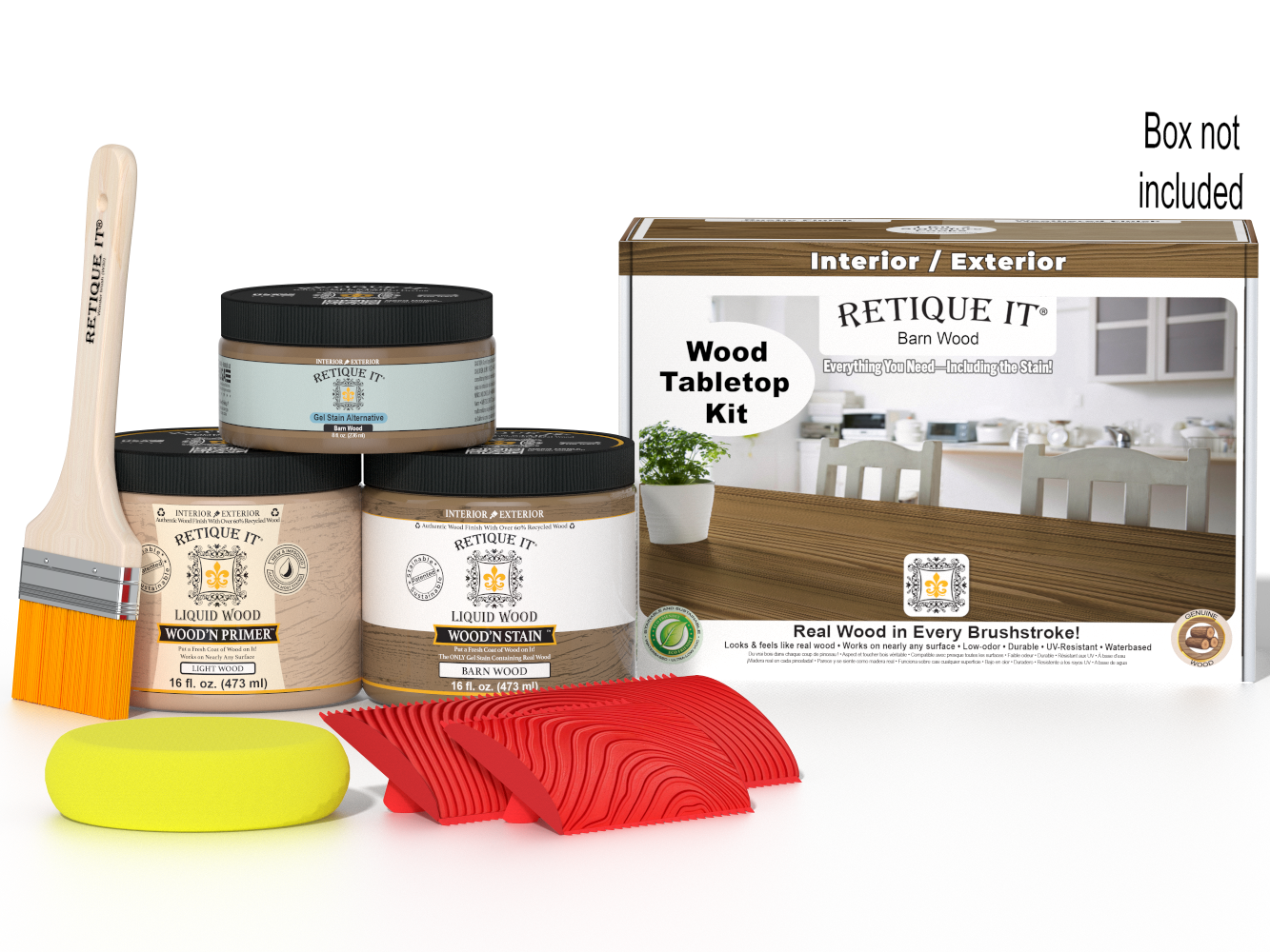 Retique It® Wood'n Finish Kit double size for tabletops in modern walnut stain, includes stain and finishing supplies.