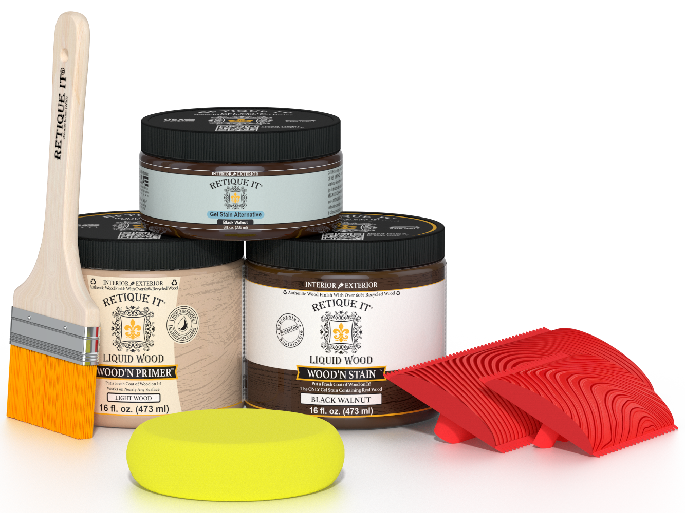 Multi-purpose Wood'n Kit in Black Walnut by Retique It® showing wood finish and application tools for wood refinishing.