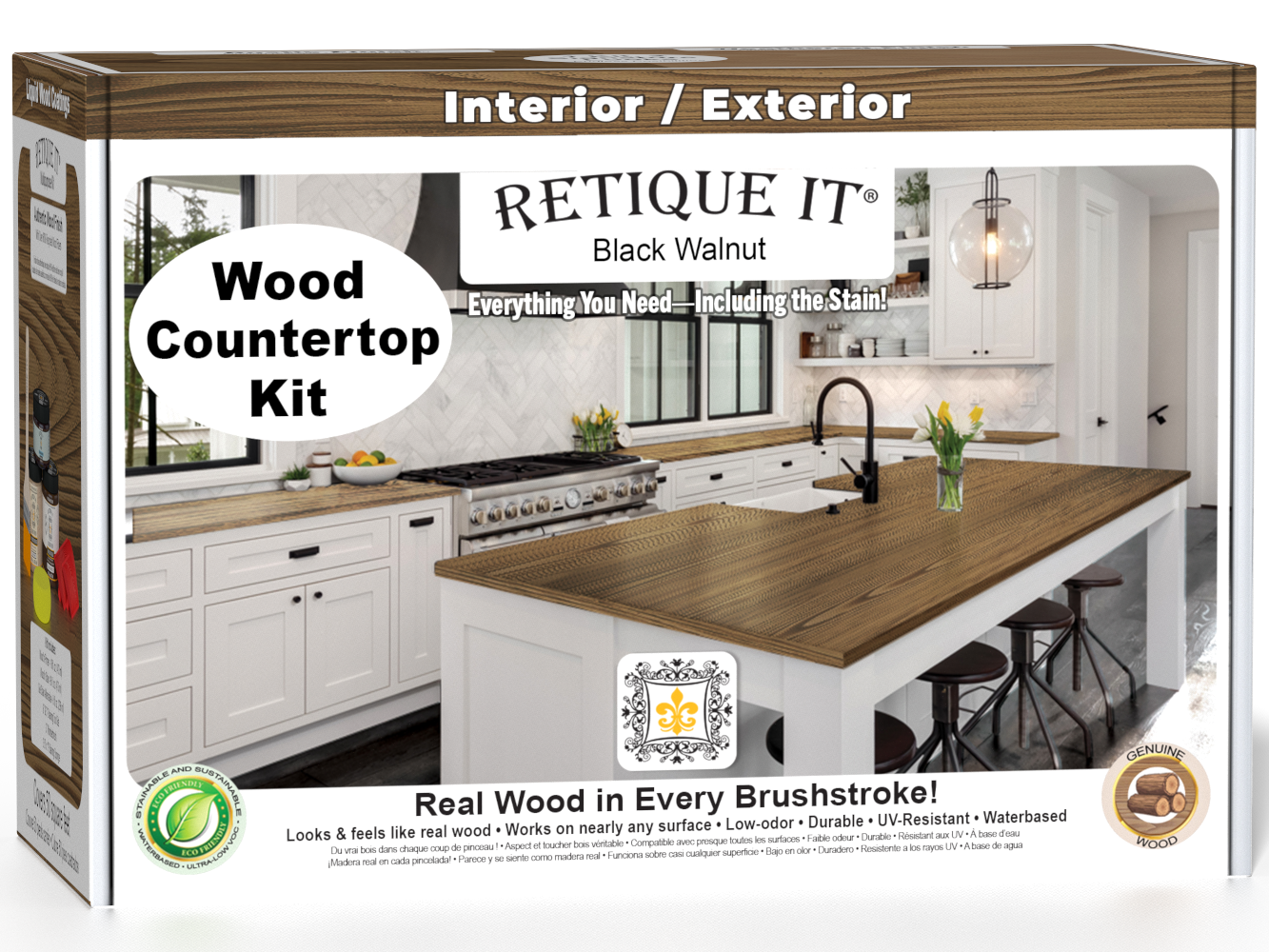 Retique It® black walnut countertop kit for kitchen islands, featuring stain options and natural wood grain details.