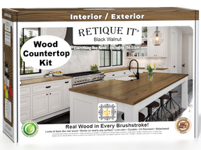 Retique It® black walnut countertop kit for kitchen islands, featuring stain options and natural wood grain details.