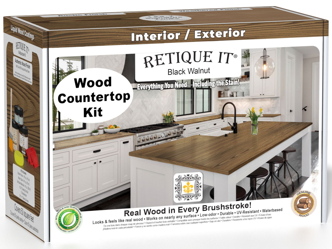 Retique It® black walnut countertop kit for kitchen island with stain, featuring a sleek black walnut finish on a wooden surface.
