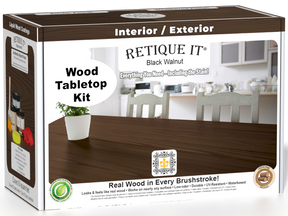 Retique It® Wood'n Finish Kit in Black Walnut stain for tabletops, featuring stain bottles and applicator tools in a double-sized kit.