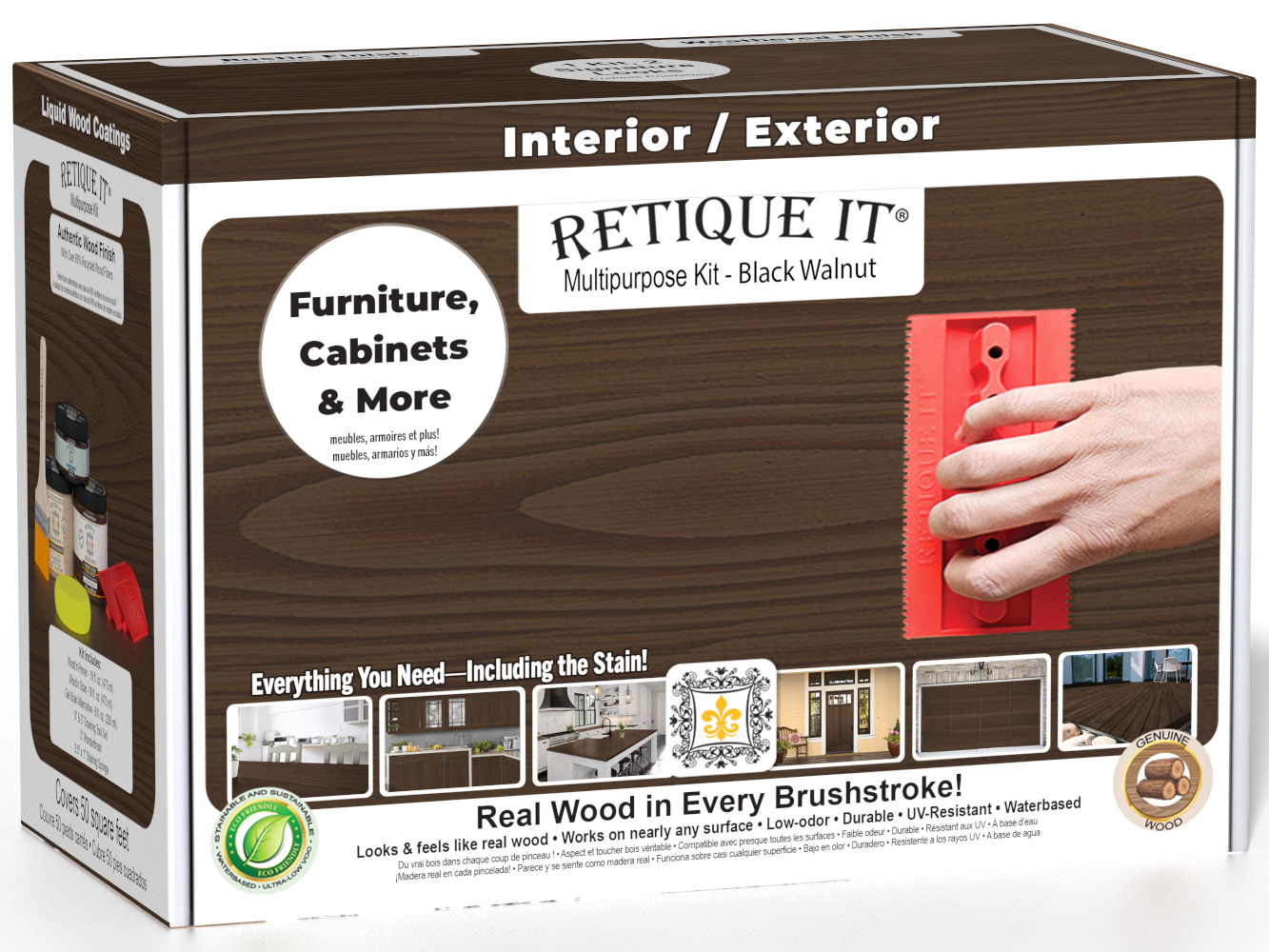 Retique It® Wood'n Finish Kit in Black Walnut for interior top coating, featuring multiple wood finishing tools and supplies.