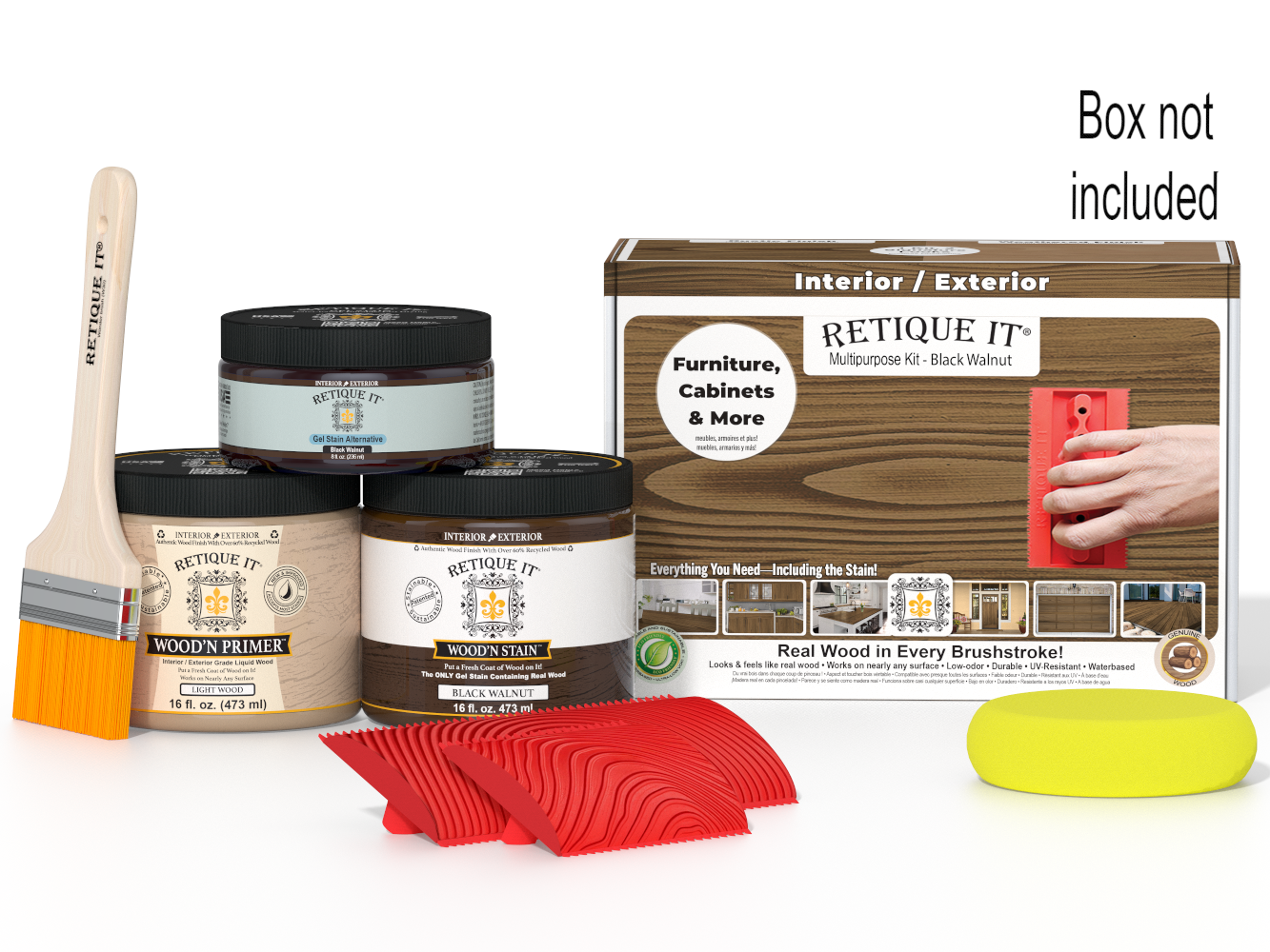 Retique It wood staining kit with paint, brush, and tools on a white background