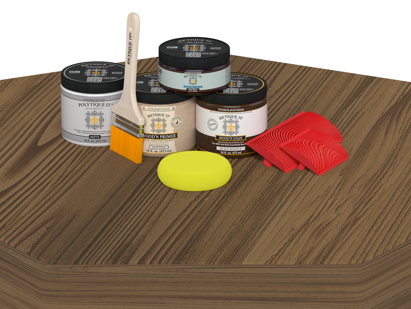Wooden surface with paint cans, a brush, a sponge, and red tools on a white background
