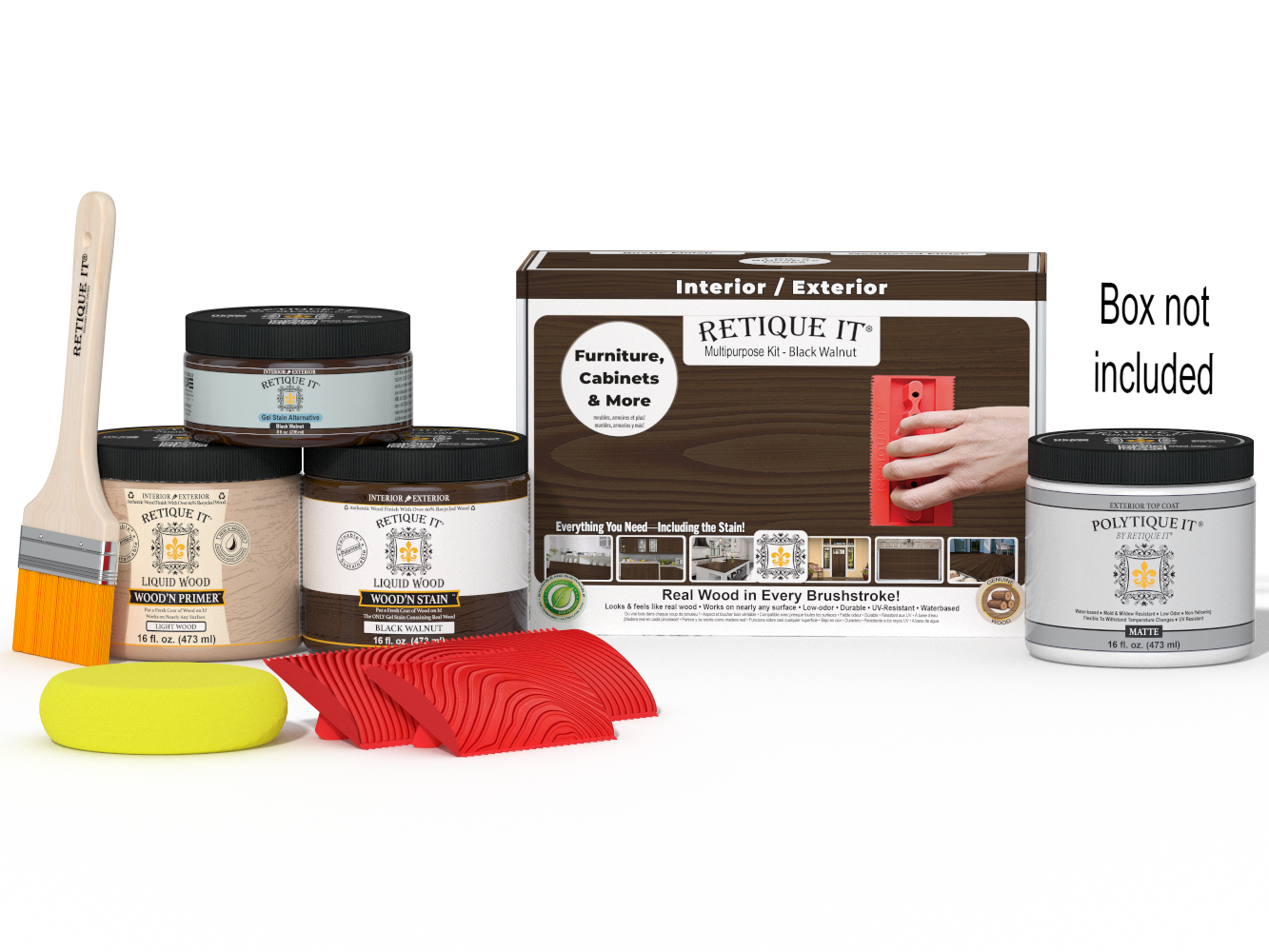 Retique It® Wood'n Kit in black walnut finish with exterior top coat, includes brushes and supplies for wood finishing projects.