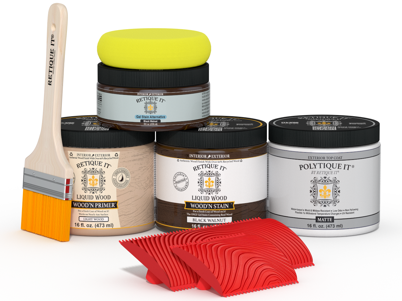 Black Walnut Wood'n Finish Kit by Retique It® for exterior wood projects, includes top coat and tools in a multi-purpose kit.