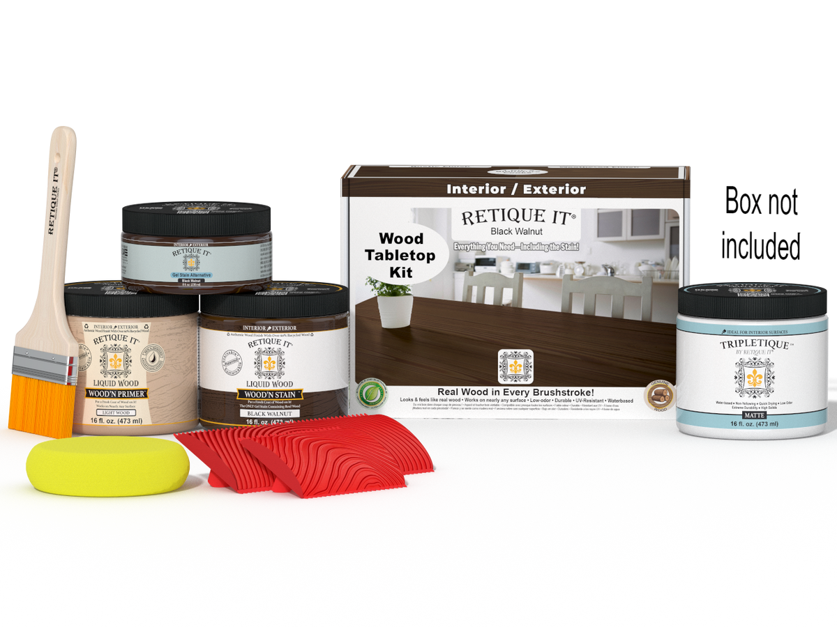 Retique It® Wood'n Finish Kit in Black Walnut for tabletops, includes stain bottles and applicator tools.