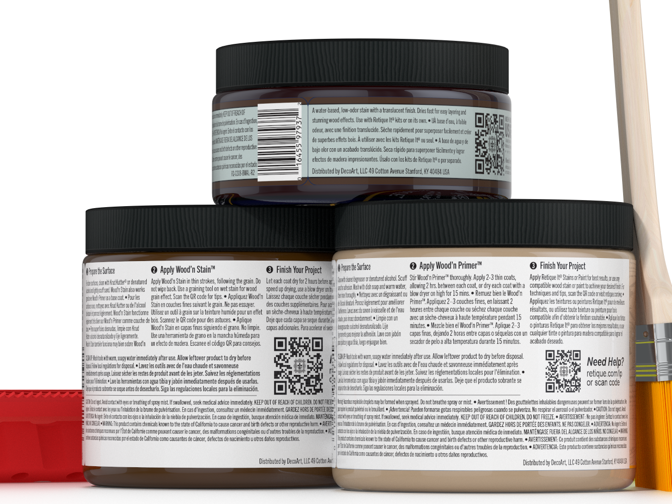 Three jars of wood finish product with labels and a paintbrush on a white background