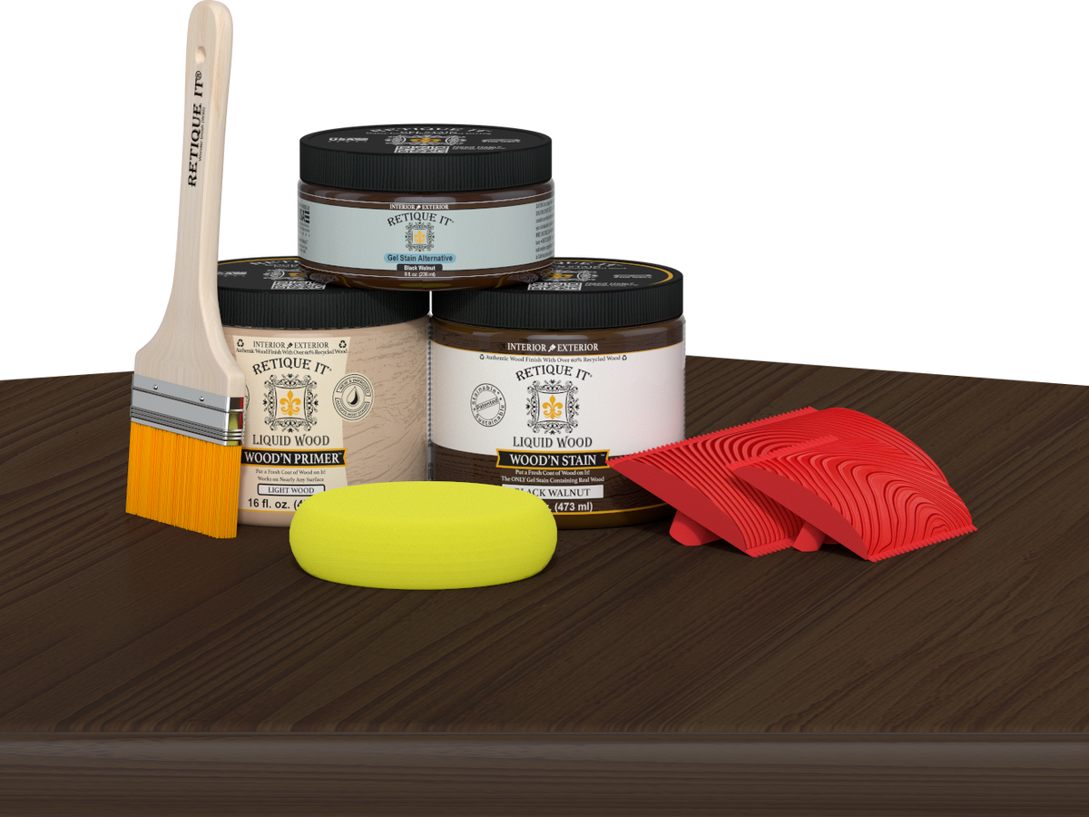 Retique It® Wood'n Finish Kit in Black Walnut, medium-sized, with wood stain and finish products on a table.