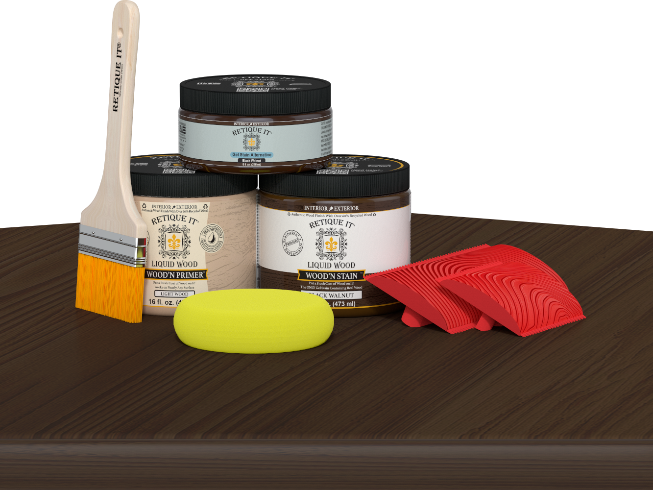 Retique It® Wood'n Finish Kit in Black Walnut, medium-sized, with wood stain and finish products on a table.