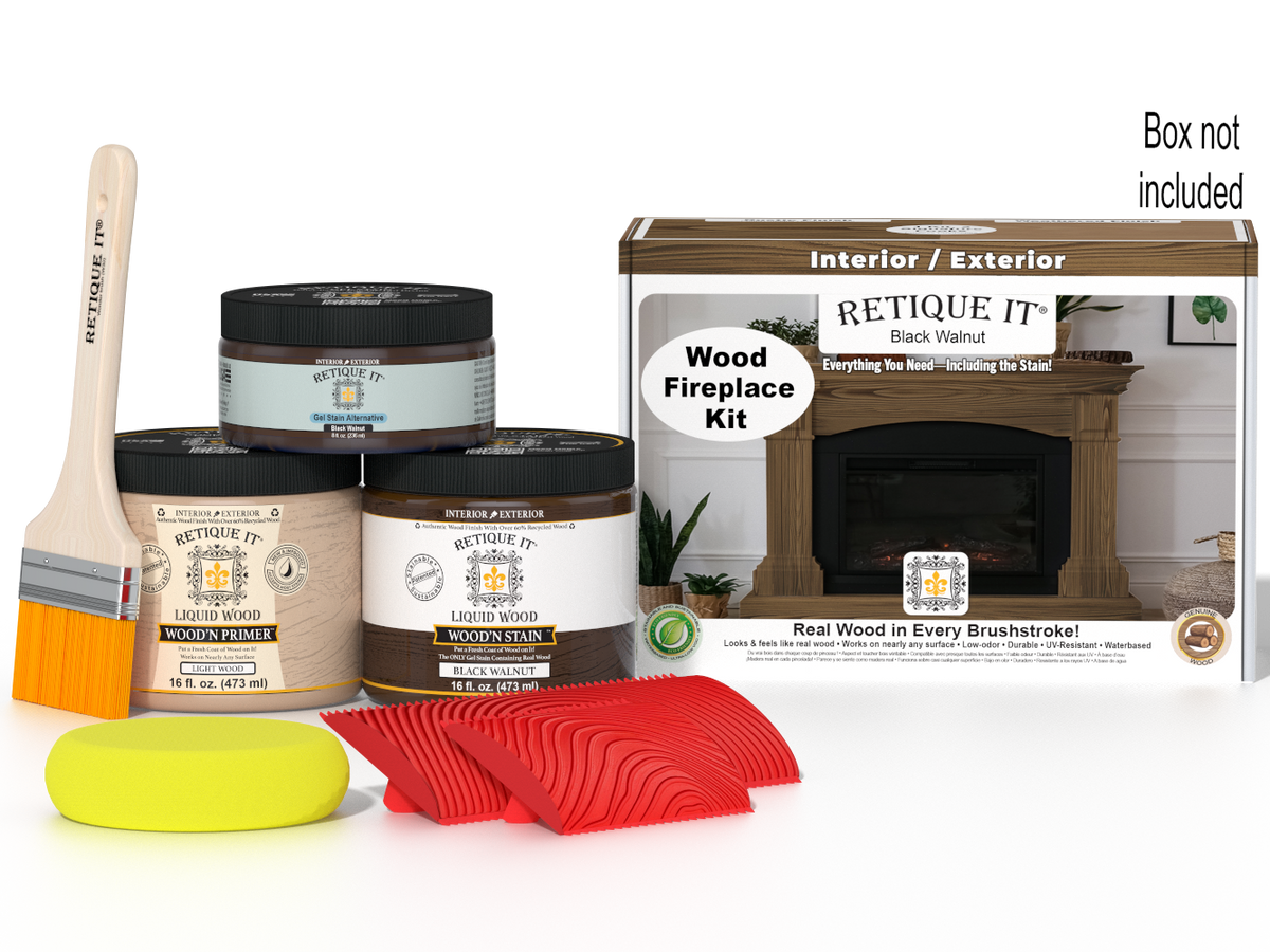 Retique It® Fireplace Wood'n Finish Kit in Black Walnut stain showing a full fireplace with wood finish and staining tools.