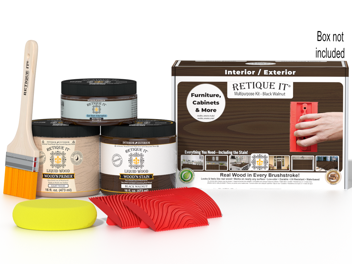 Black Walnut Wood'n Finish Kit by Retique It® in medium size, includes wood finish products and application tools with box.