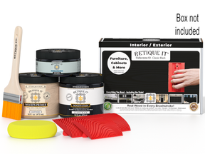 Retique It paint kit with paint cans, brush, sponge, and box on a white background