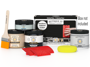 Painting supplies including paint cans, a brush, and a box labeled 'Reticule It' on a white background.