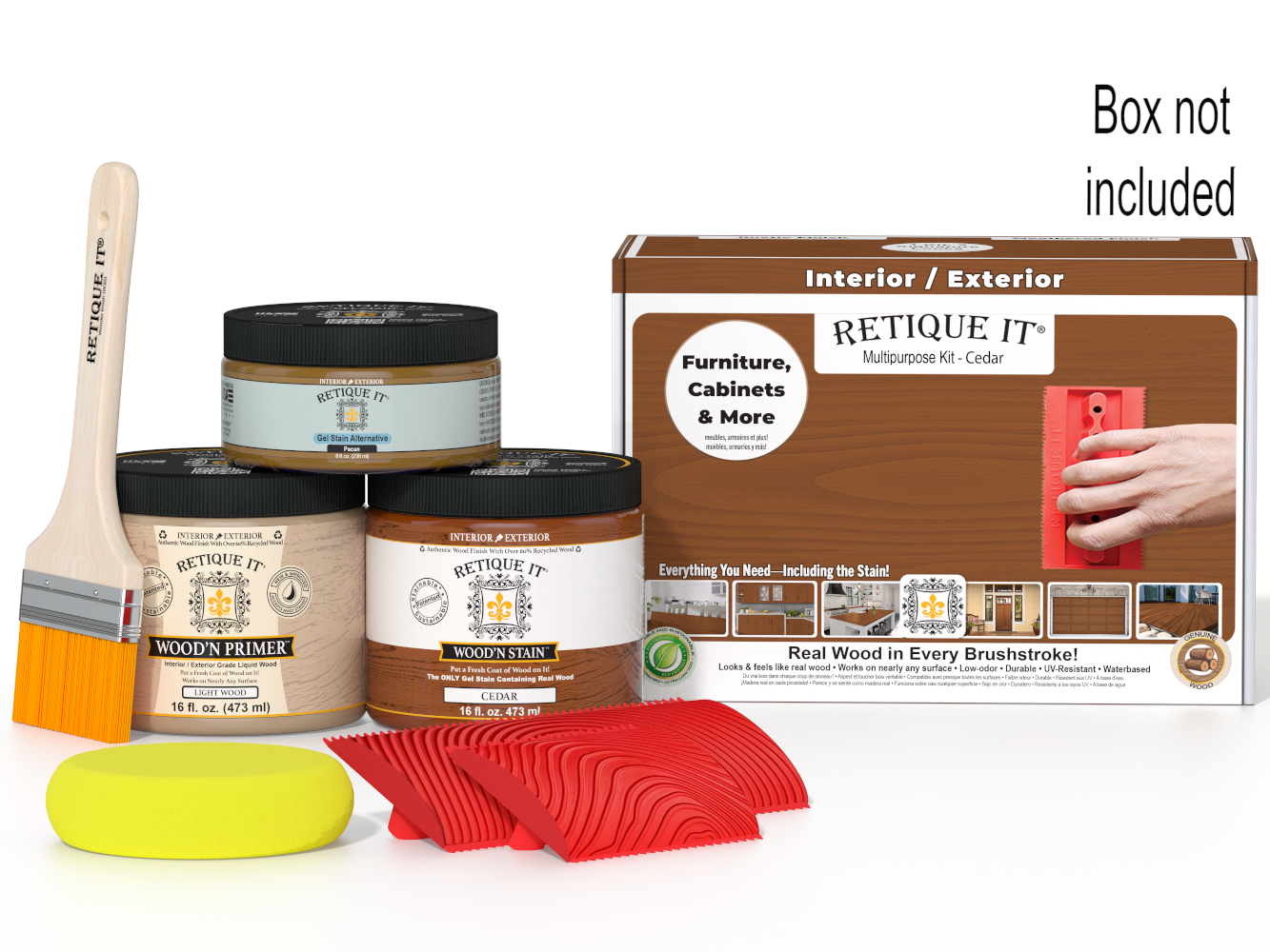 Retique It woodwork kit with paint cans, brush, sandpaper, and packaging on a white background