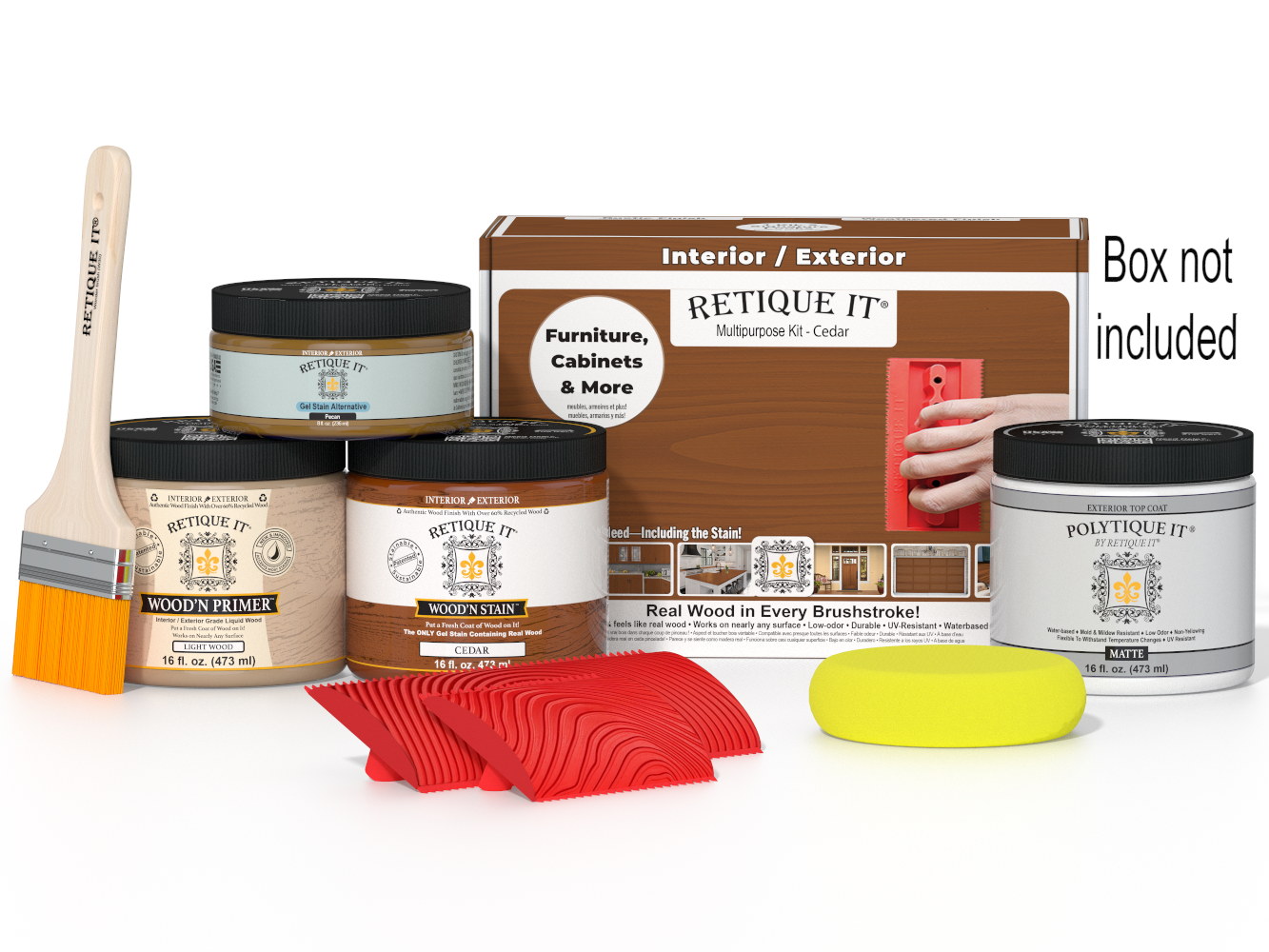 Painting supplies including jars, a brush, and a box labeled 'Retique It' on a white background.