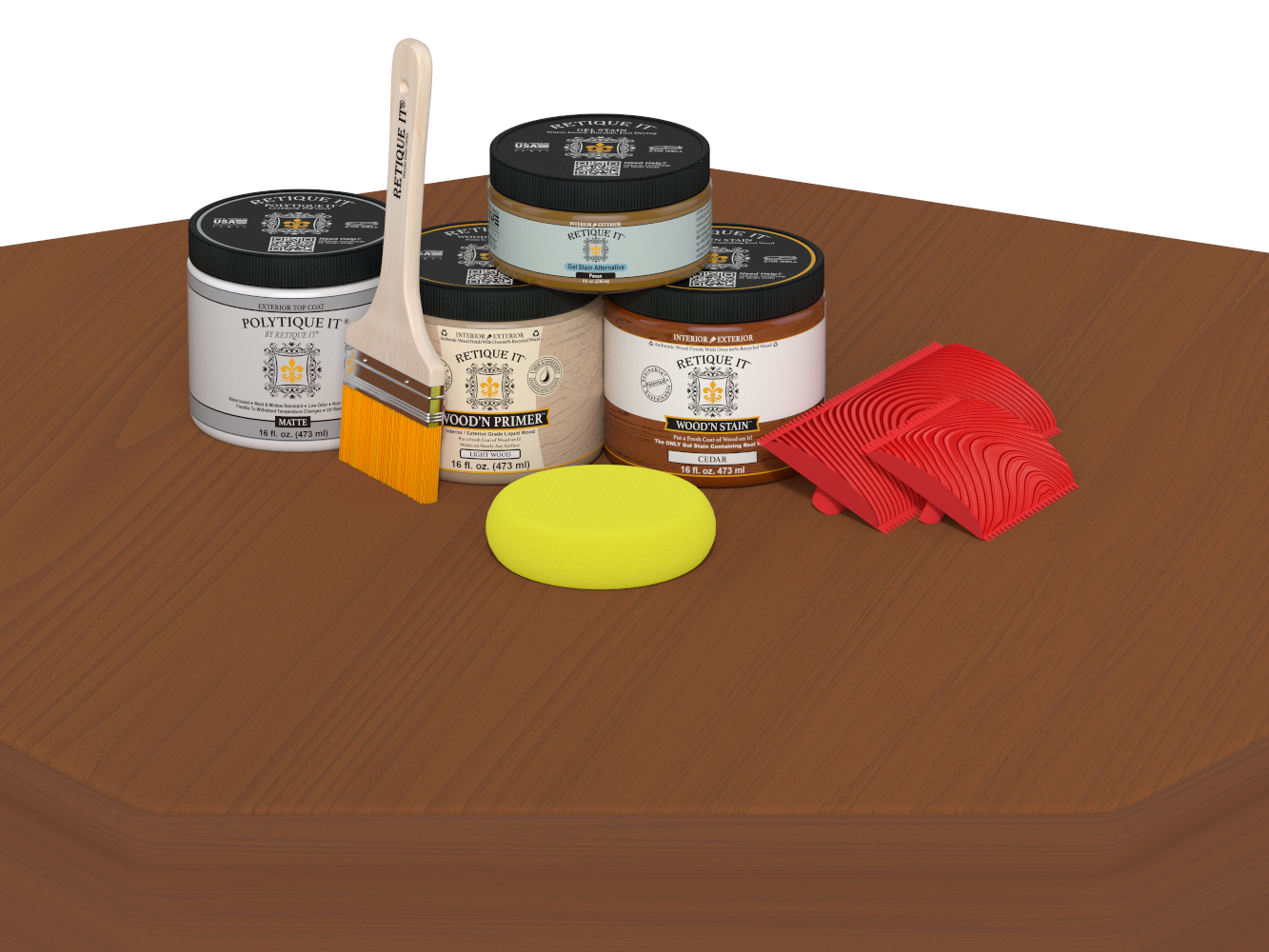 Painting supplies including cans, a brush, a sponge, and a roller on a wooden surface.