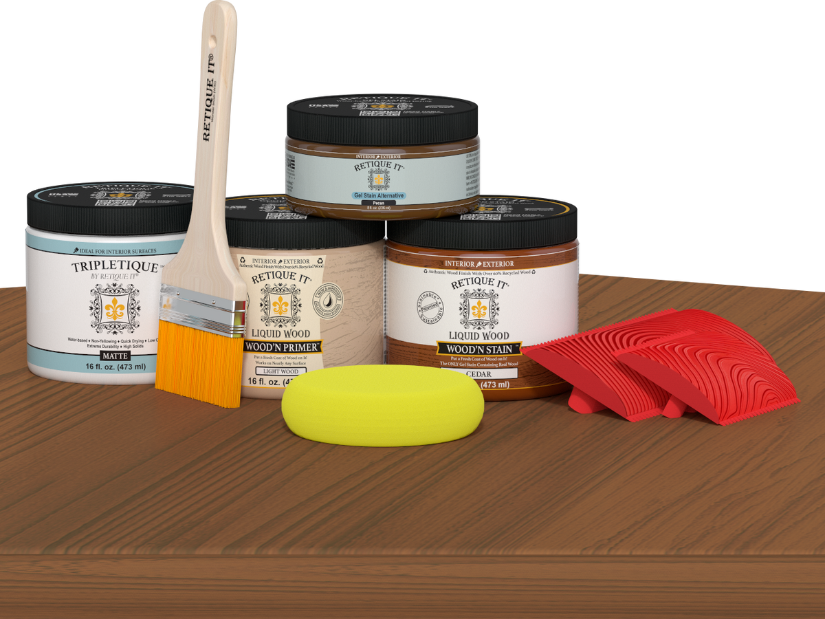 Retique It® Cedar countertop kit for kitchen islands, featuring stain application on a wooden surface.