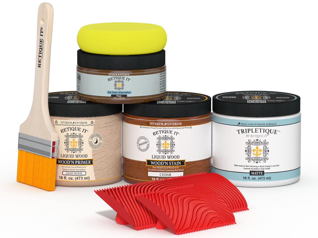 Double size Cedar wood stain kit from Retique It® for tabletop finishing, includes stain bottles and application tools.