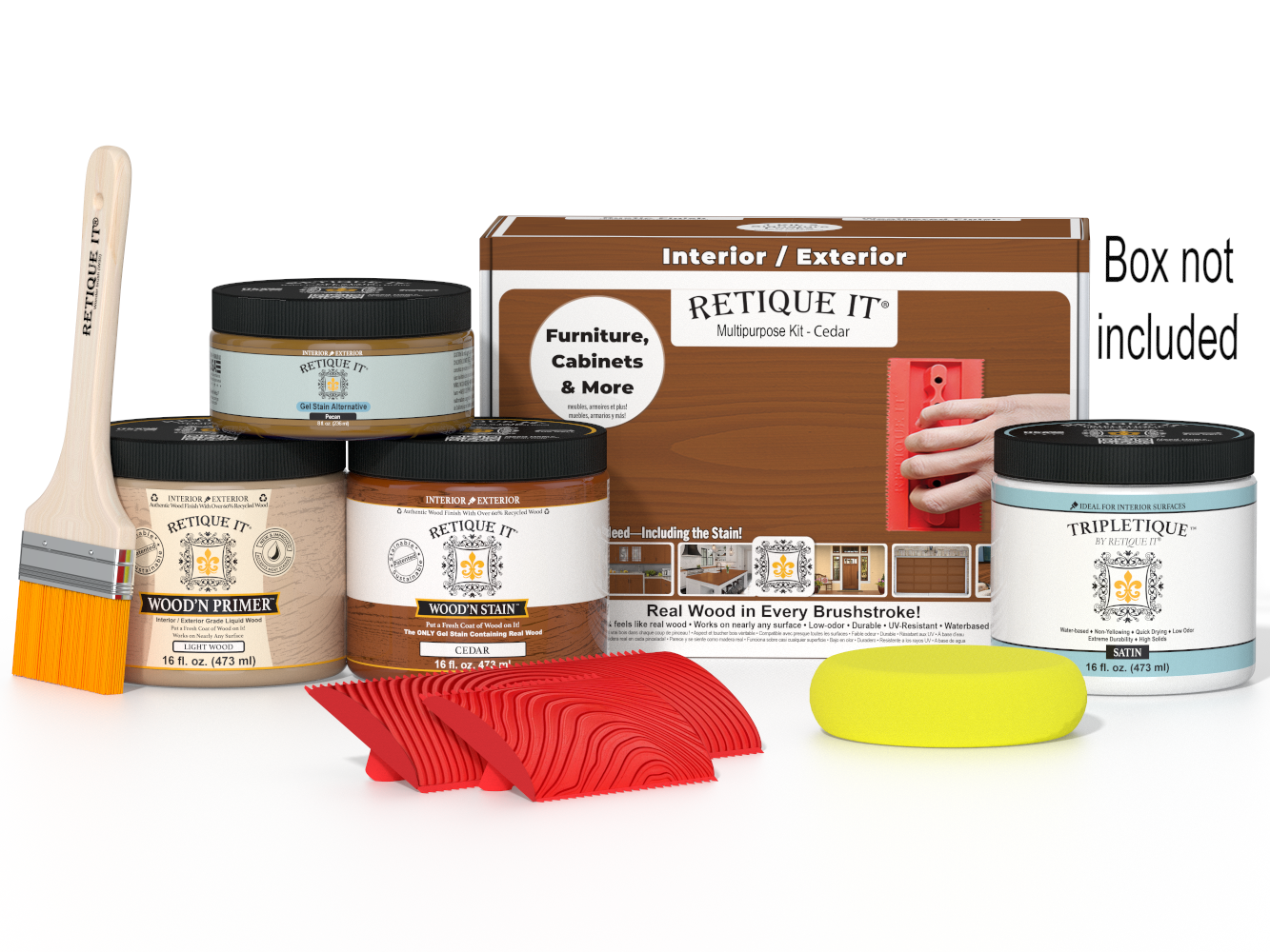 Retique It® Wood'n Kit Cedar interior top coat, multi-purpose wood finish set with applicator and wood treatment products.