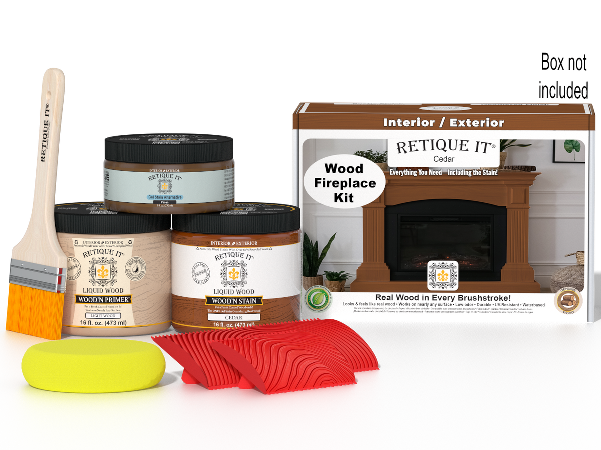 Retique It® Wood'n Finish Kit for full fireplace in cedar stain, includes wood finishing supplies and tools.
