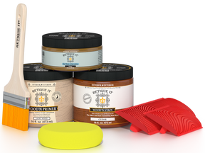 Retique It® Fireplace Wood'n Finish Kit in cedar, a stain set for full fireplace restoration, showcasing wood stain and finishing tools.