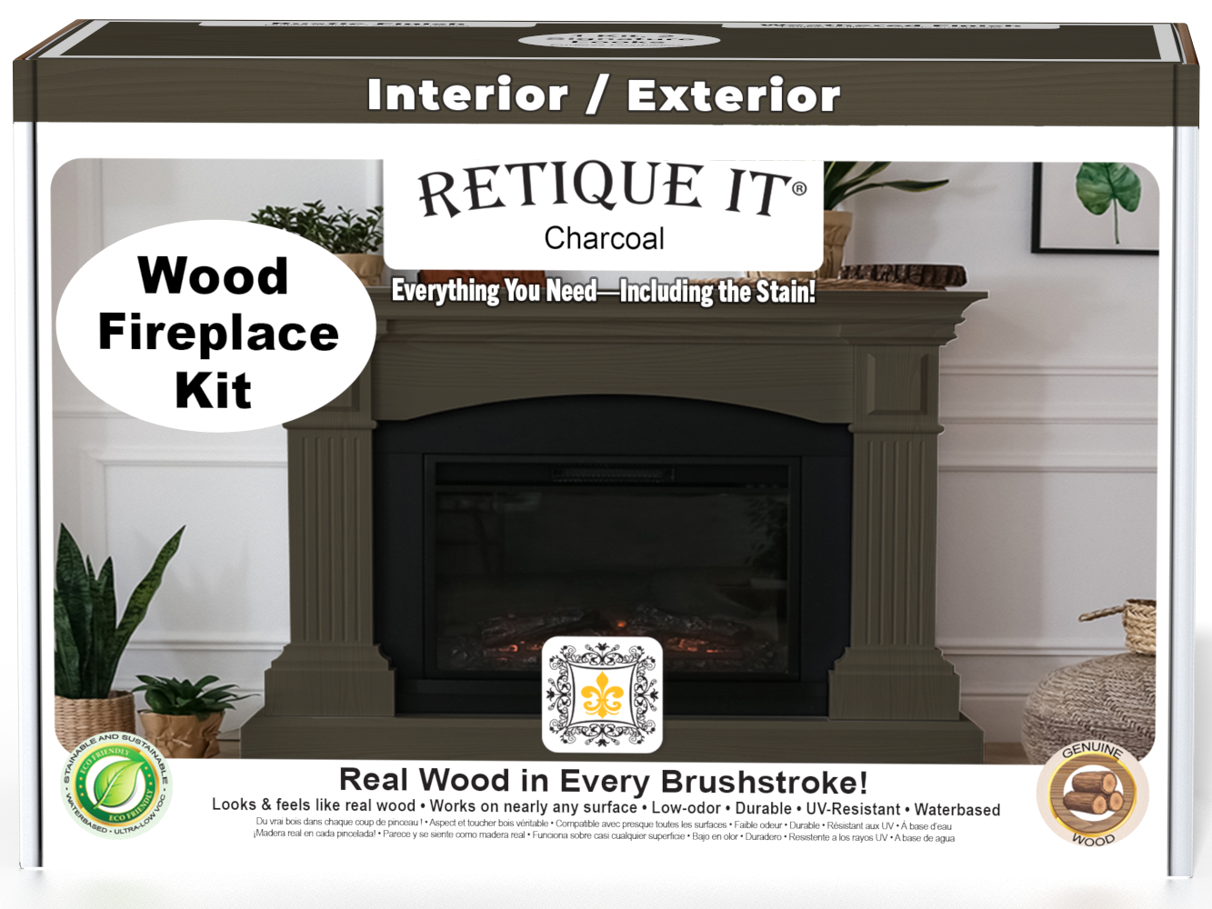 Retique It® Fireplace Wood'n Finish Kit in charcoal stain, full fireplace kit with stain and application tools, shown in a boxed set.