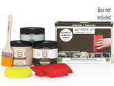 Retique It furniture painting kit with paint cans, brush, sponge, and packaging on a white background