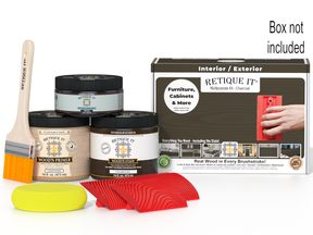 Retique It furniture painting kit with paint cans, brush, sponge, and packaging on a white background