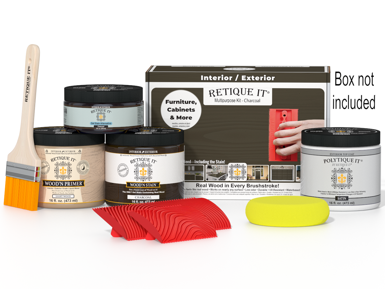 Painting supplies including paint cans, a brush, and a box labeled 'Reticule It' on a white background.