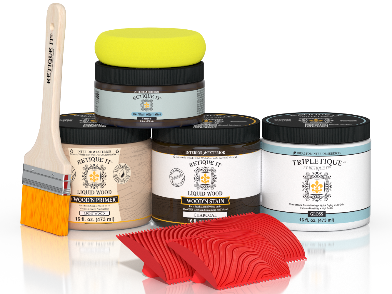 Retique It® Wood'n Finish Kit in charcoal with glossy interior top coat for multi-purpose wood finishing.