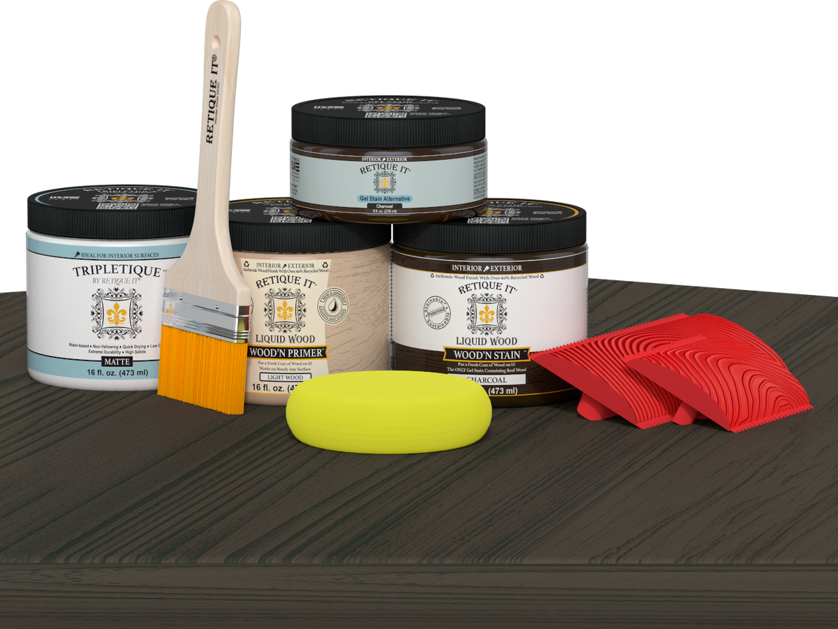 Retique It® charcoal countertop kit for kitchen island with stain finish, shown on a modern kitchen table.