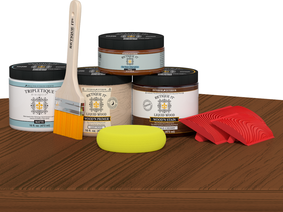 Retique It® vintage cherry stain countertop kit for kitchen island, showing a stained wooden surface with a rich cherry finish.