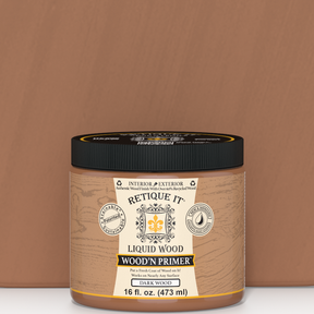 Retique It® Liquid Wood Wood'n Primer in dark wood shade, 16 fl oz, shown as a color swatch for priming surfaces with dark wood finish.