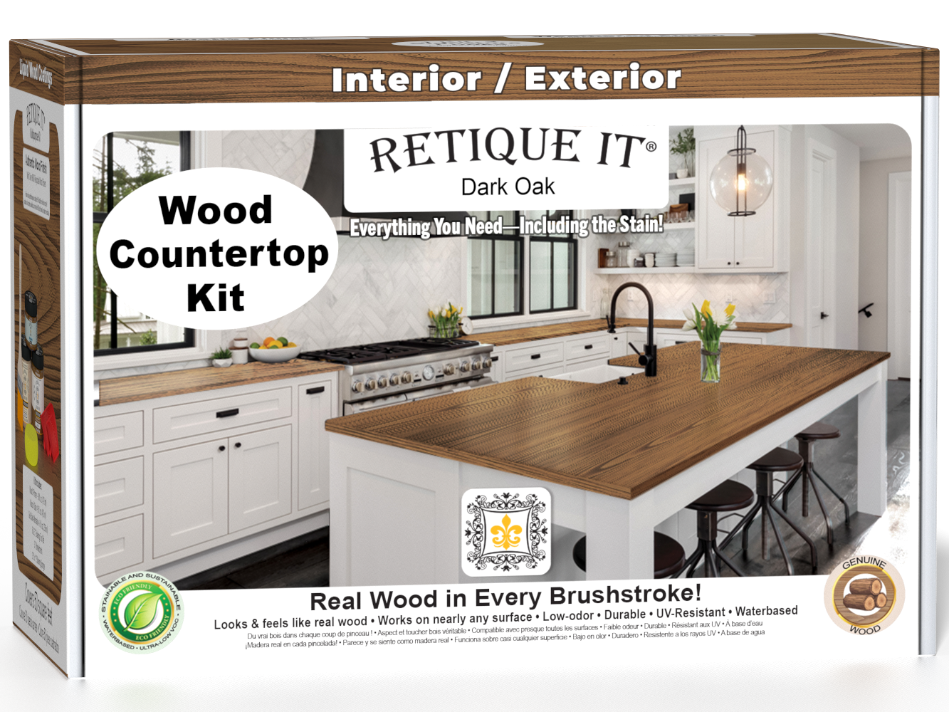 Dark oak stained countertop kit for kitchen island by Retique It®, showcasing a smooth, finished surface with natural wood grain.