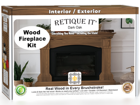 Retique It® Fireplace Wood'n Finish Kit in Dark Oak stain, complete for full fireplace refurbishment, shown in packaging with stain samples.