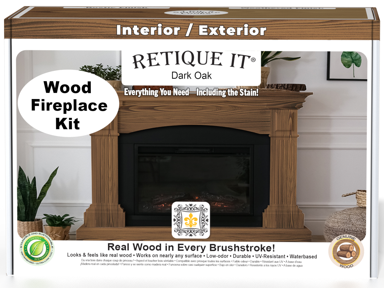 Retique It® Fireplace Wood'n Finish Kit in Dark Oak stain, full fireplace project with stain bottles and applicator tools.