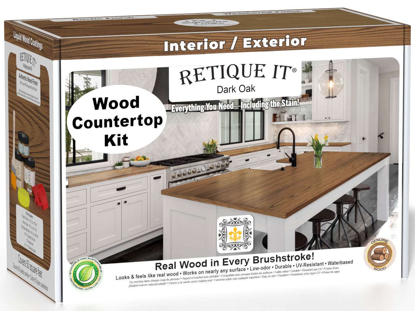 Retique It® dark oak stain countertop kit for kitchen islands, featuring a natural wooden finish and easy application.