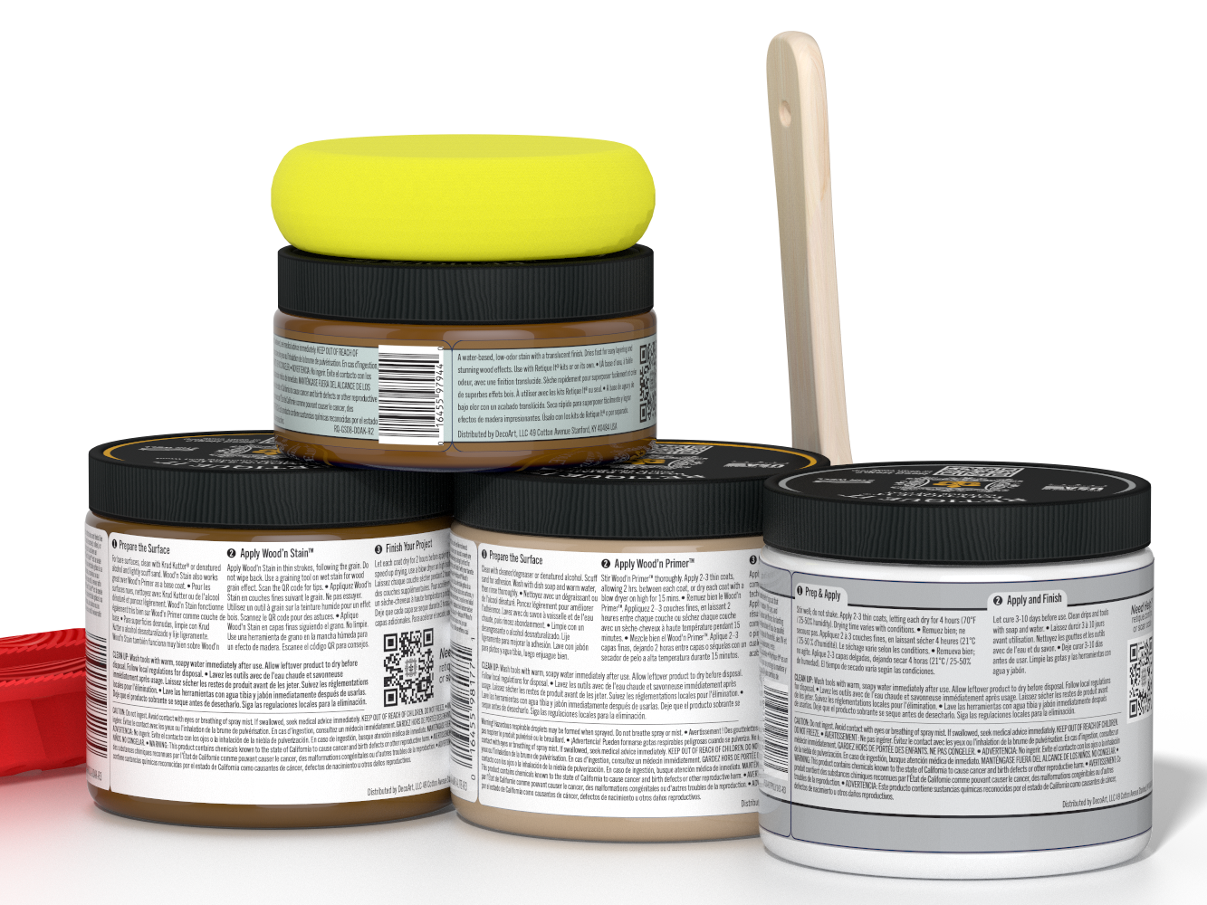 Four jars of paint with a yellow lid on a white background