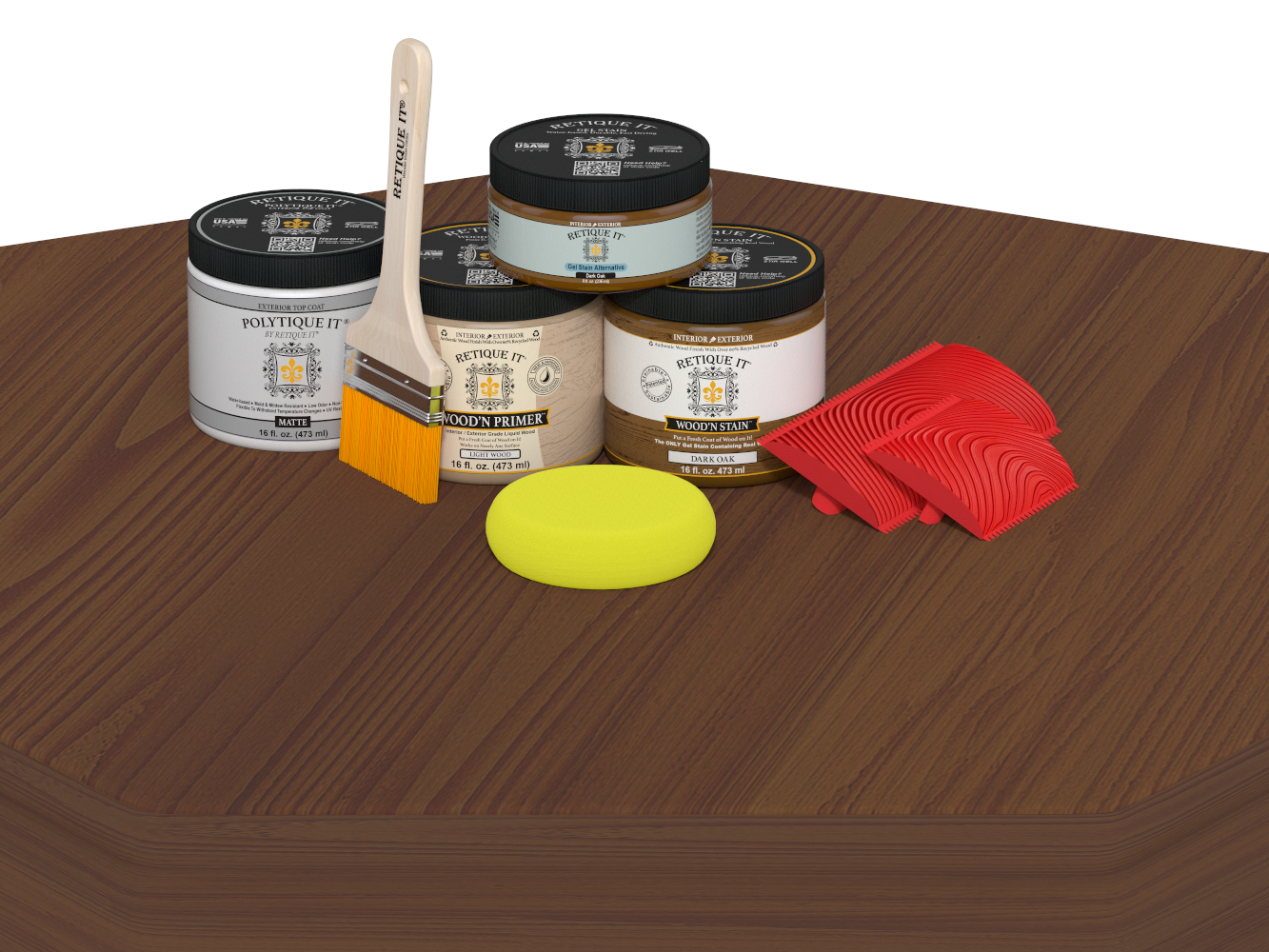 Woodworking products including paint cans, a brush, and sponges on a wooden surface.
