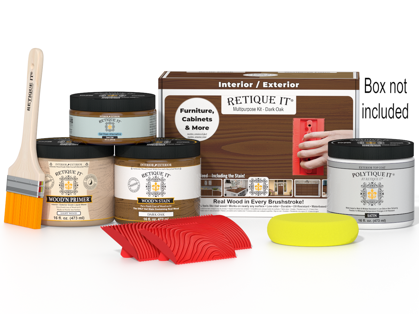 Painting supplies including cans, a brush, and packaging on a white background