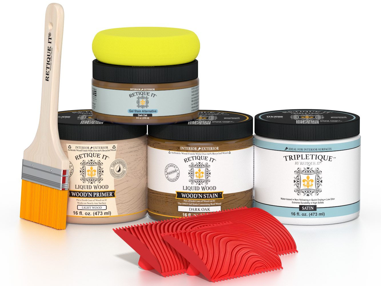 Dark oak wood finish kit from Retique It® with satin top coat, designed for interior wood projects, part of the Multi-purpose Wood'n Kit series.