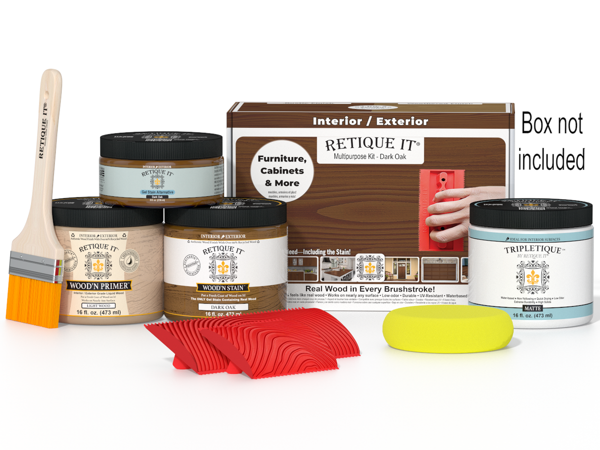 Painting supplies including paint cans, a brush, and a sanding block on a white background.