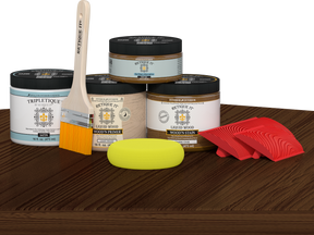 Dark oak kitchen island countertop kit by Retique It® featuring stain application on a modern kitchen surface.