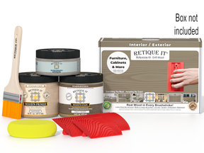 Retique It paint kit with paint cans, brush, sponge, and packaging on a white background