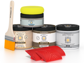 Retique It® Wood'n Finish Kit in Drift Wood, medium size, with satin exterior top coat, showcasing wood finish and application tools.
