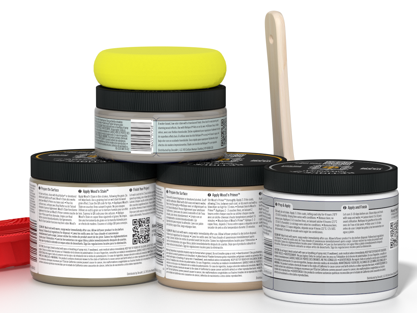 Four jars of paint with a yellow lid on a white background