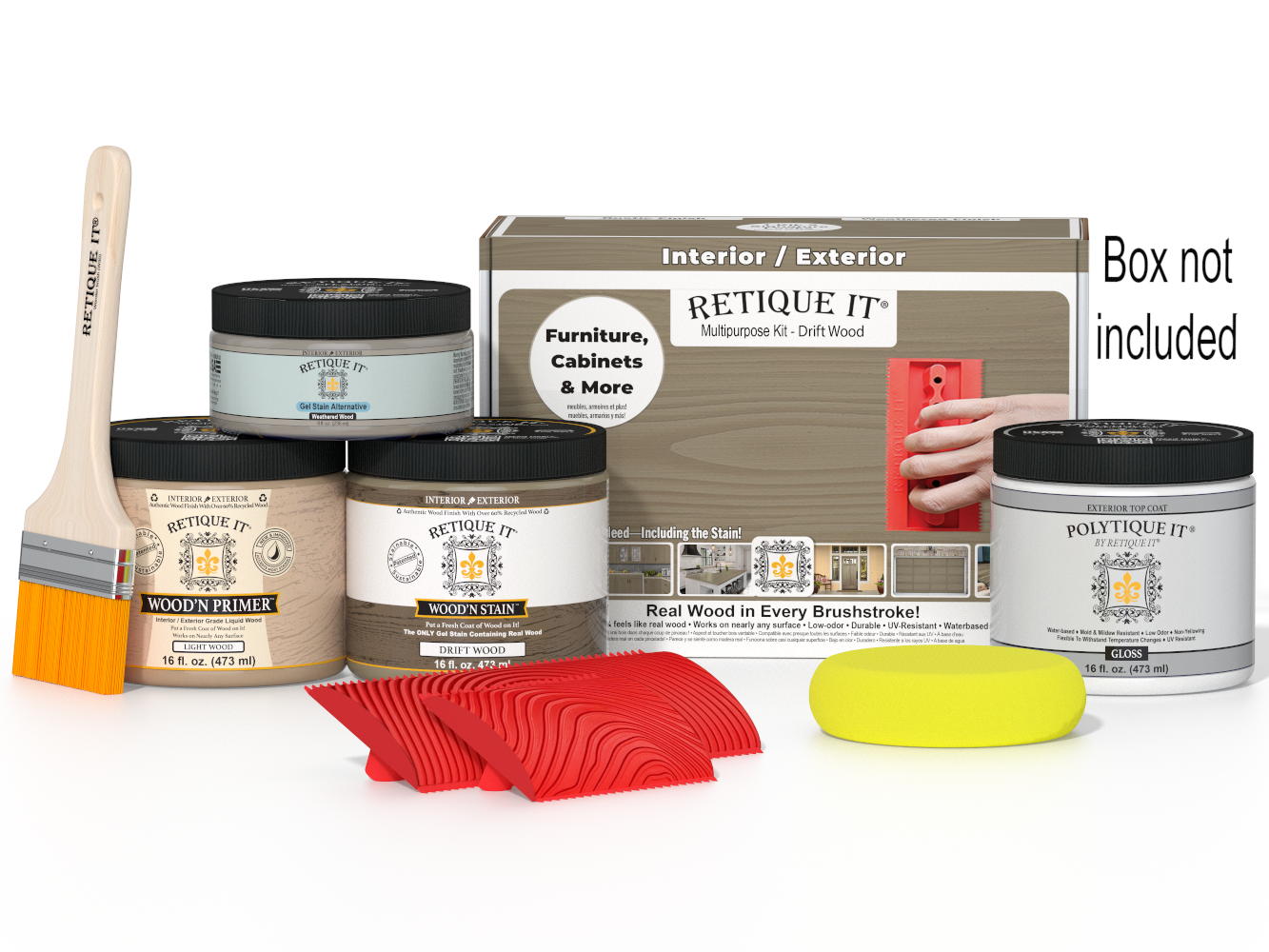 Painting supplies including jars, a brush, and a box labeled 'Reticule It' on a white background.